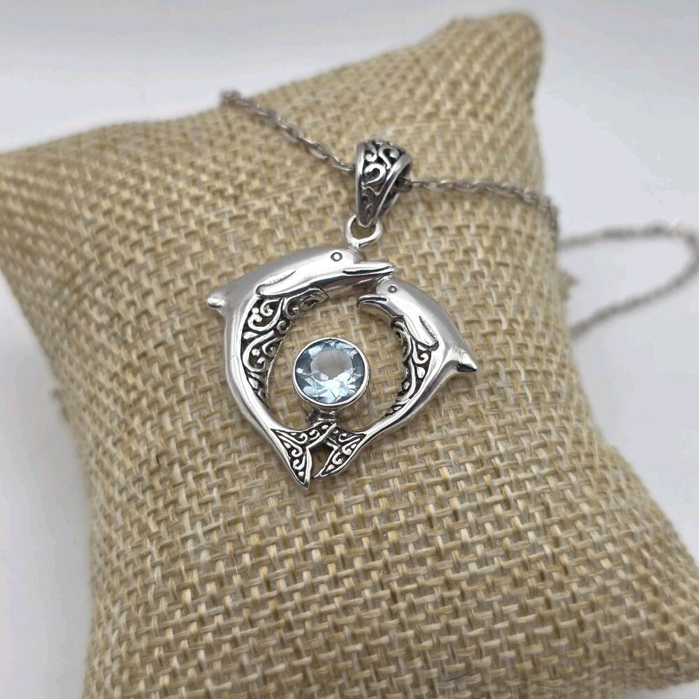 Stauer Balinese Dolphin Blue Topaz Pendant 16" Necklace 925 Sterling Silver